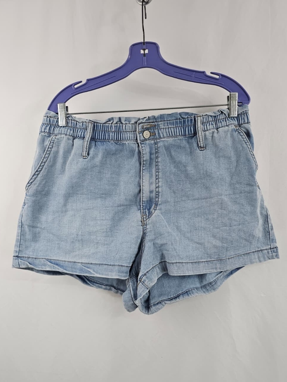 SO Light Blue High Rise Paper Bag Elastic Waist Jean Shorts, Sz XL